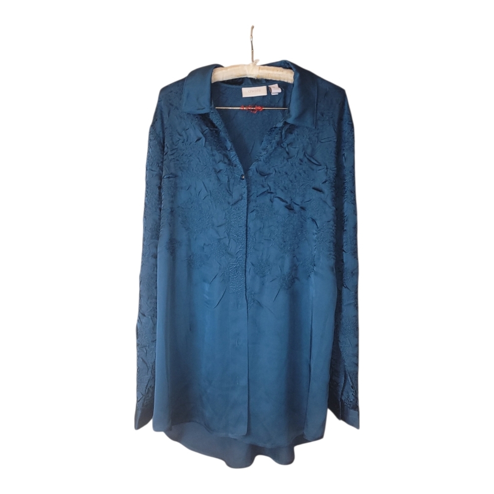 Chico's 2 Silky Long Sleeved Green Blouse Button Down Top L